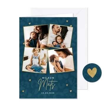 Hip geboortekaartje met panterprint gouden hartjes & foto's